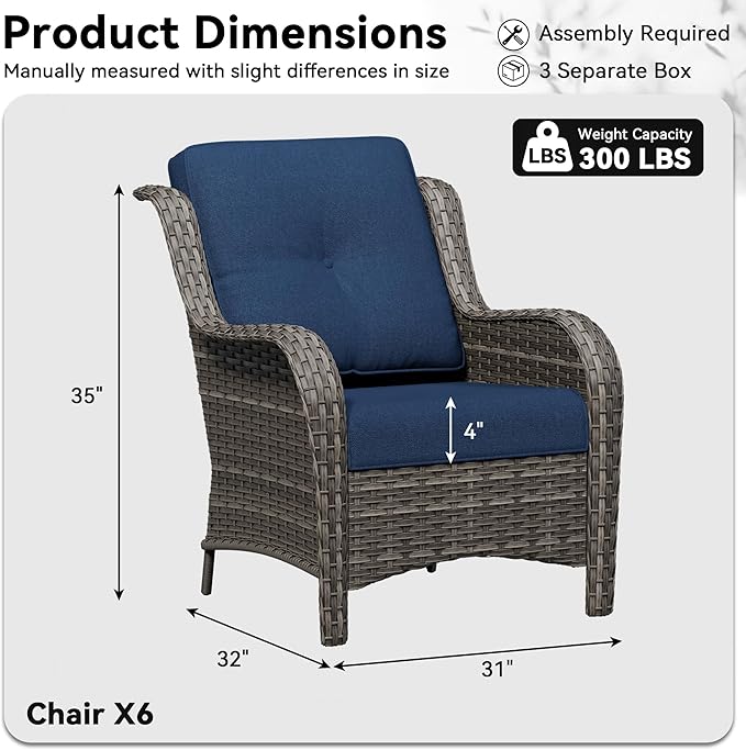 6 Piece Outdoor Wicker Patio Furniture Set, Patio Chairs Set with Thickened Olefin Cushions, High Back and Deep Seating, Hand-Woven PE Rattan for Porch, Deck