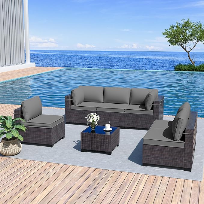 Patio Furniture Set 7PCS Outdoor Furniture for Backyard Sectional Sofa Set, Rattan Wicker Patio Conversation Set with 4 Inch Thickened Cushions and Glass Coffee Table, Grey