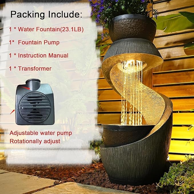 Sunlinua 31.9" S-Shaped Water Outdoor Fountain–Modern Cascading Waterfall Feature with LED Lights & Planter Bowl, Garden Fountains Outdoor for Patio, Balcony, Yard or Home Decor, Resin Waterfall