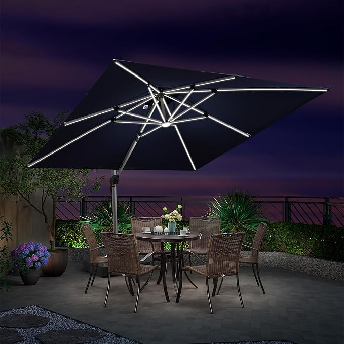 PURPLE LEAF 11 Feet Double Top Deluxe Solar Powered LED Square Patio Umbrella Offset Hanging Umbrella Outdoor Market Umbrella Garden Umbrella, Navy Blue