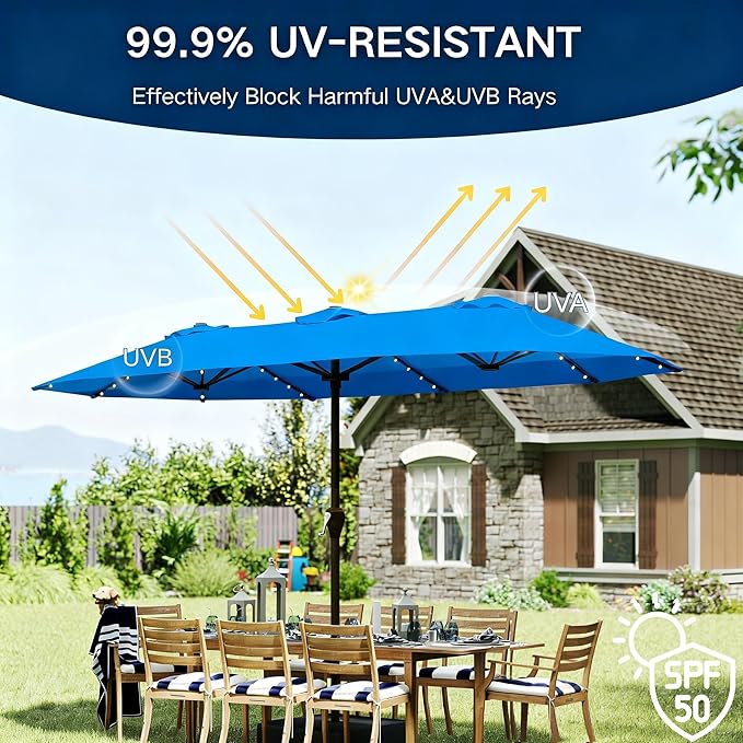 15ft Large Patio Umbrella with Solar Lights and Base, Double-Sided Outdoor Rectangle Umbrella with 48 LED Lights, Market Table Umbrellas with UV Resistant Canopy