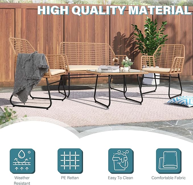 4 Piece Patio Conversation Set, Outdoor Wicker Furniture Set,Rattan Patio Furniture Sets for Backyard,Front Porch, Beige