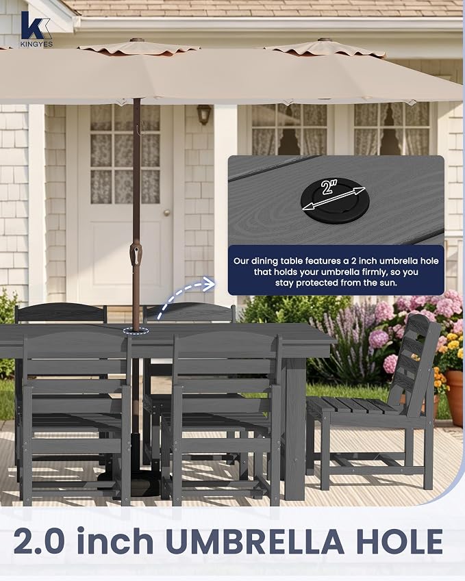 KINGYES 7-Piece Patio Dining Set, HDPE Table and Armless Chairs Outdoor Furniture Set with Umbrella Hole, Gray