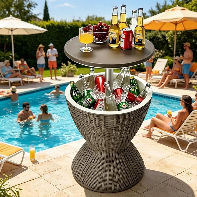 Tangkula Outdoor Cool Bar Table, Rattan Style Patio 8 Gallon Beer and Wine Cooler, All-Weather Ice Bucket w/Height Adjustable Top, Drainage Plug, 3-in-1 Cocktail Coffee Table for Party, Pool (Coffee)