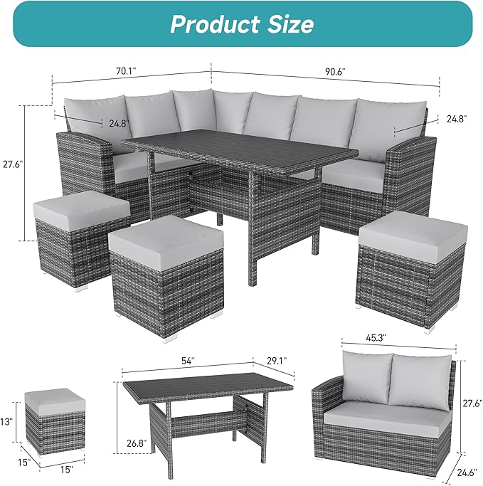 GAOMON Outdoor Patio Furniture Sets, PE Rattan Furniture Sectional Sofa Set with Storage Table, Patio Conversation Sets with Water-Repellent Cushions for Backyard, Deck, Poolside (9 Seat Gray/Gray)