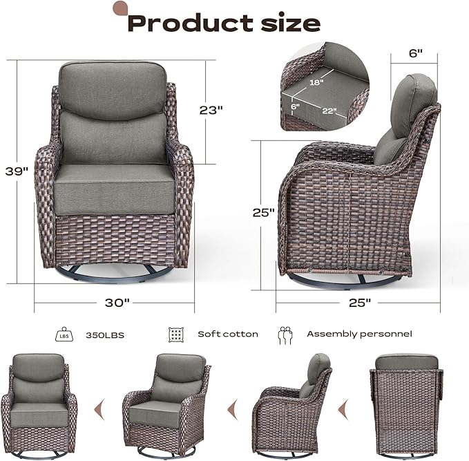 Rilyson Outdoor Swivel Rocker Chairs - All Weather Resistant Wicker Patio Furniture Set of 2 with High Back and 6 inch Thick Cushions for Deck Porch Yard and Poolside, Brown/Grey