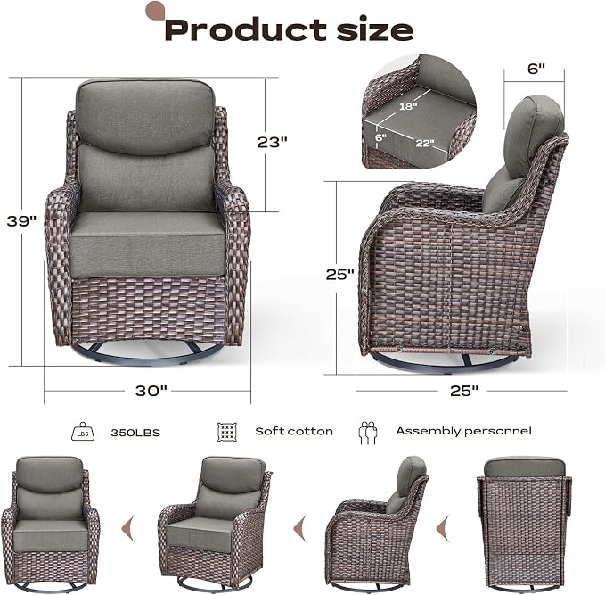 Rilyson Wicker Outdoor Patio Furniture Set - Weather Resistant Wicker,High Back,6 inch Cushions,3 Piece Patio Bistro Set with Swivel Rocker Chairs and Side Table for Deck Porch Yard,Brown/Grey