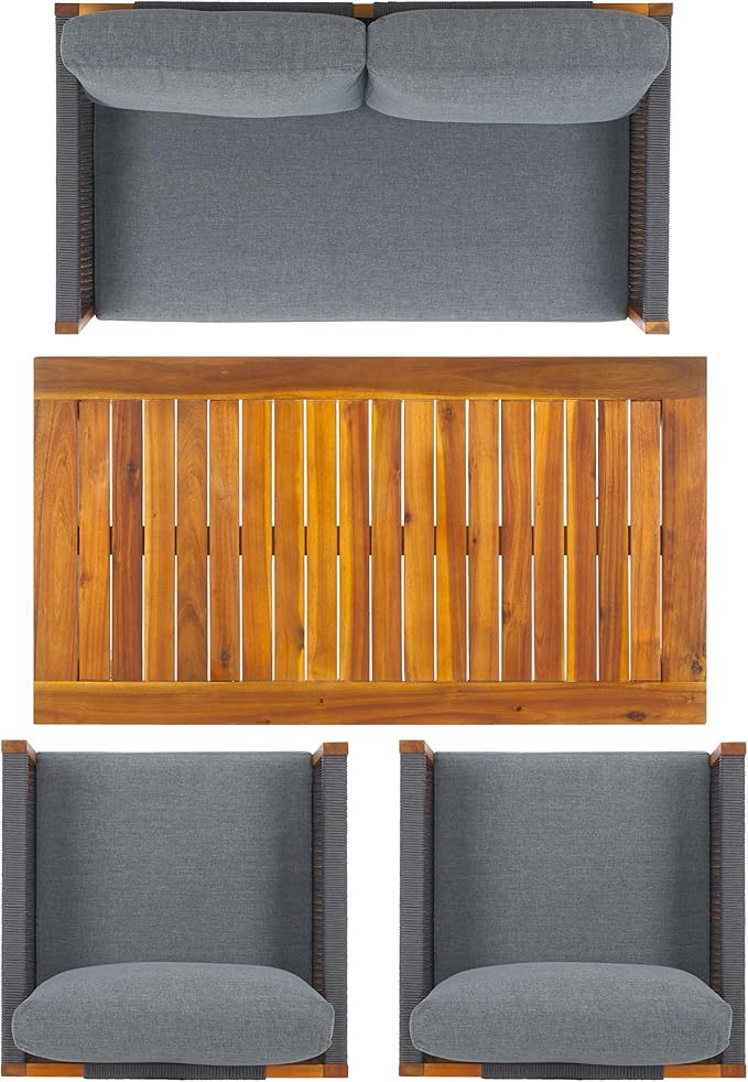 SAFAVIEH Outdoor Collection Wilson Brown Acacia Wood/Grey Cushion & Rope 4-Piece Conversation Patio Set