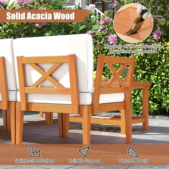 Tangkula 6 Pieces Acacia Wood Patio Furniture Set, Outdoor Sectional Conversation Set with Cushions and 2-Tier Coffee Table, L Shaped Corner Sofa Set for Garden, Porch, Poolside and Backyard