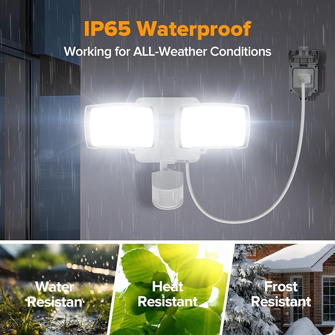 LUTEC 21W 2 Pack Plug in Motion Sensor Light Outdoor, Flood Lights Outdoor Motion Sensor,2500LM, 5000K Daylight,IP65 Waterproof,Adjustable 2 Heads Wall Light for Garage, Porch, Yard - White