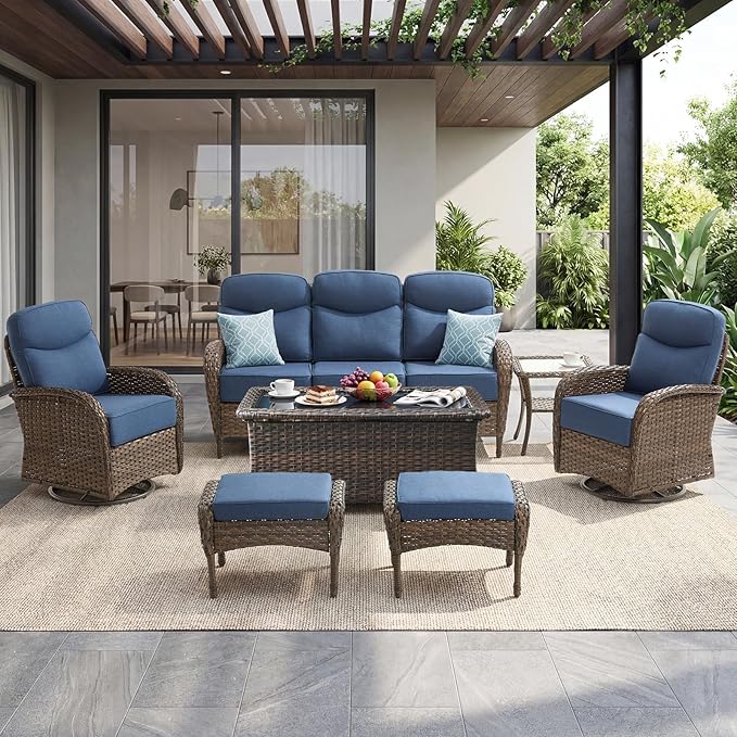 Outdoor Swivel Rocking Chair Patio Set (7-Piece), High-Back - Thick Cushion Swivel Rocking Chair Patio Set, All-Weather Wicker Patio Furniture Set, Suitable for Balcony Patios, Brown/Blue