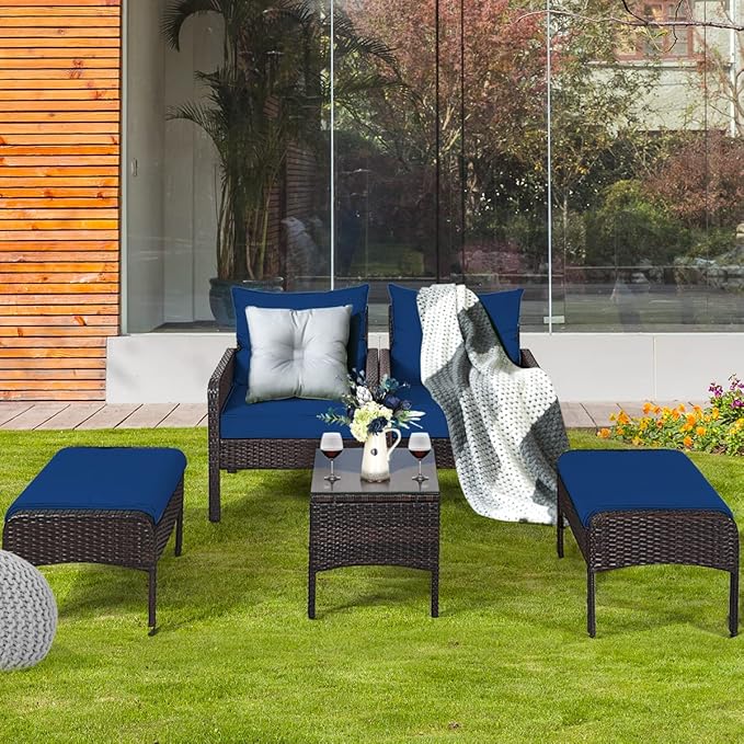 Tangkula 5 Pieces Wicker Patio Furniture Set, All Weather PE Rattan Outdoor Cushioned Sofas and Ottoman Set, 2-Person Outside Conversation Set for Lawn, Poolside, Yard, Balcony, Deck, Navy