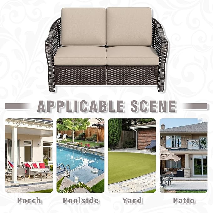 55 inch Outdoor Wicker 2 Seater Sofa, All-Weather Use Patio Rattan Loveseat with Seat and Back Cushion, Ideal for Porch, Backyard, Balcony, Poolside, Beige