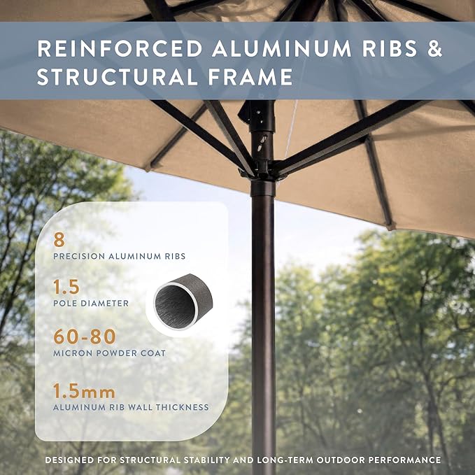 California Umbrella 8-Year Protection 9 Ft Outdoor Patio Umbrella, Solstice Fade-Resistant Fabric, Auto-Tilt, Heavy Duty Aluminum Frame, 8 Reinforced Ribs for Pool or Deck, Bronze Pole, Antique Beige