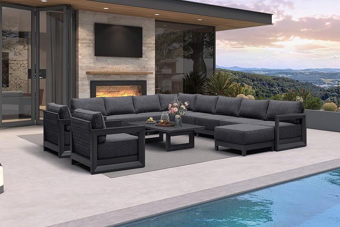 PURPLE LEAF Patio Furniture Set Enclosed Outdoor Couch with 9.6" Thick Cushion and Soft Pillows 12 Piece Modern Outdoor Conversation Sets with Table Outdoor Sectional Sofas for Yard Porch Deck, Grey