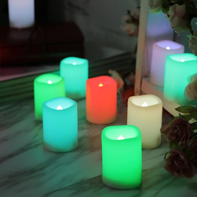 CANDLE CHOICE Color Changing Battery Operated Flameless Votive Candles with Remote Timer Realistic Flickering Fake Electric Multicolor LED Lights for Wedding Christmas Decorations Battery Incl. 12 PCS