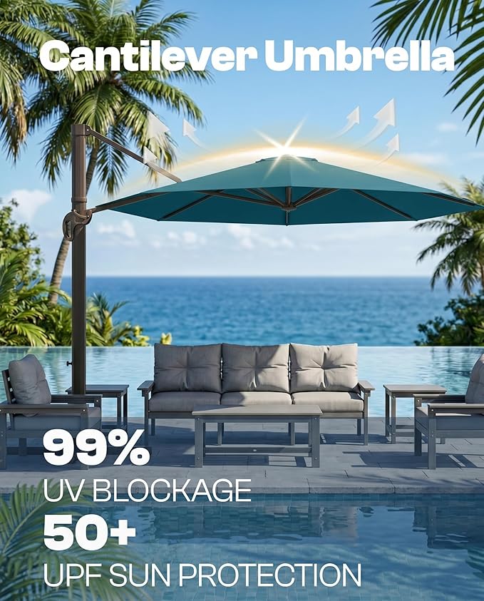 11 FT Round Cantilever Umbrella,Easy Tilt, Fade Resistant & 360° Rotation, Offset for Pool Deck Backyard Patiolake blue (Base not Included)