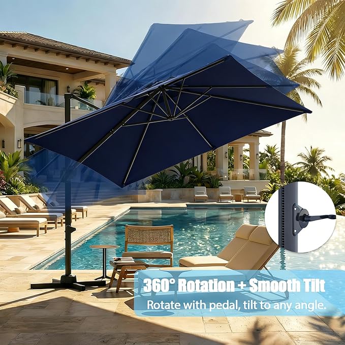 GarveeLife Large Cantilever Patio Umbrella, 10 ft X 10 ft Heavy Duty Aluminum Cantilever Offset Outdoor Umbrella with 360-Degree Rotation for Backyard, Deck, Pool (Navy Blue)