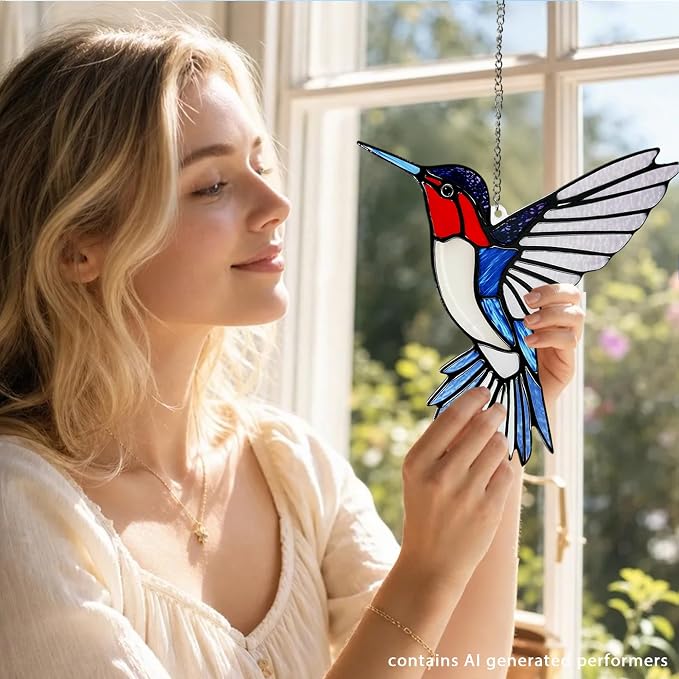 Hummingbirds Suncatcher Stained Glass, Hummingbird Suncatcher Ornament, Hummingbird Suncatcher for Grandma/Mom/Women