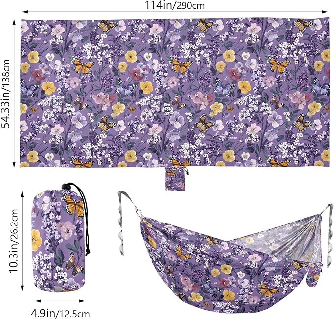 Camping Hammock Outdoor Hammocks for Outside Purple Flowers Beach Trees Portable Lightweight with Pockets Tree Straps Indoor