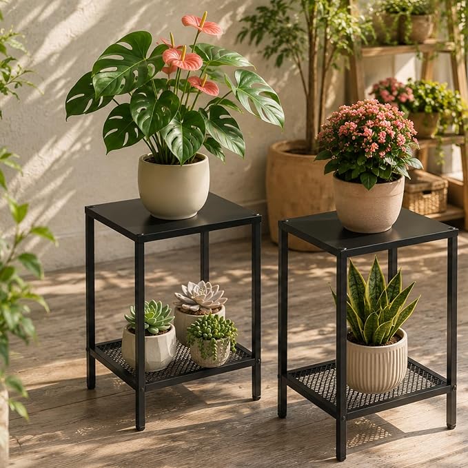 2-Tier Metal Side Table Small Rectangle End Table with Storage Shelf Indoor Outdoor Accent Table Small Space Nightstand Plant Stand for Living Room Bedroom Patio Balcony, Black