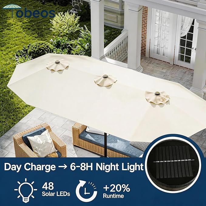 15ft Large Patio Umbrella with Solar Lights and Base, Double-Sided Outdoor Rectangle Umbrella with 48 LED Lights, Market Table Umbrellas with UV Resistant Canopy