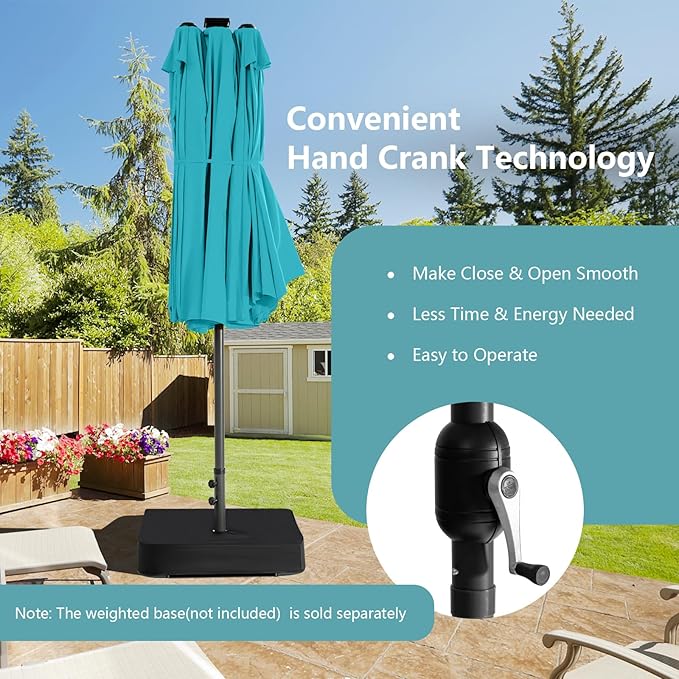 Tangkula 15 Ft Solar Patio Umbrella, Double-Sided Extra Large Outdoor Market Table Umbrella with 48 LED Lights, Crank Handle, 12 Sturdy Ribs for Poolside, Garden & Backyard (Turquoise)