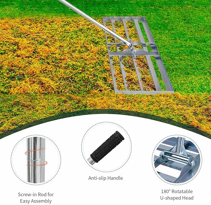 Lawn Leveling Rake 30x10 inch, (Professional-Grade) Lawn Leveler Tool, Handle Rakes for Lawns Heavy Duty Landscape Rake for Backyard, Garden, Golf Course, Farm, Pasture