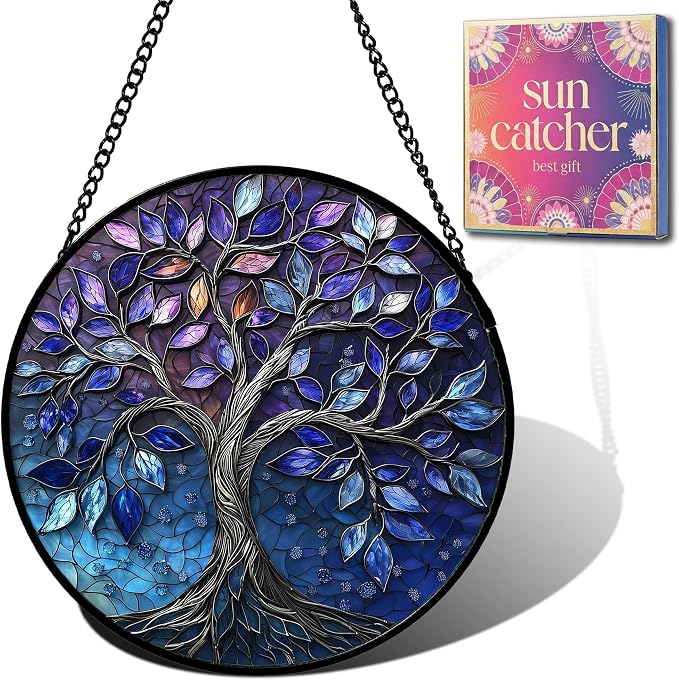 Birthday Gifts for Women - Blue Tree of Life Faux Stained Glass Window Hanging Sun Catcher for Door Garden Acrylic Decor Mother's Day Christmas for Mom Nana Grandma Sisters Wife 6.3"