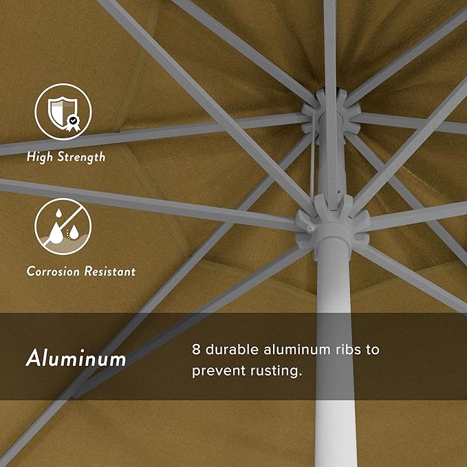 California Umbrella 12-Year Protection 9' Rd Aluminum Patio Umbrella, Crank Lift, Auto Tilt, White Finish, Sunbrella Wheat