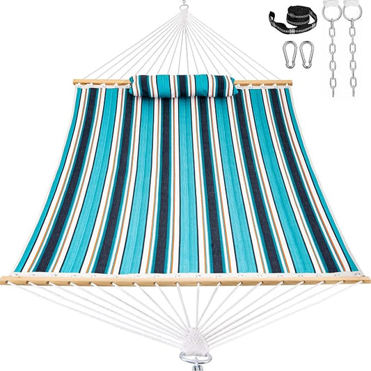 Lazy Daze Hammocks 12 FT Sunbrella Fabric Quilted Hammock Double Sunbrella Quilted Hammock with Spreader Bars & Pillow, All Weather and Fade Resistant for Outdoor, 450 lbs Capacity, Token Surfside