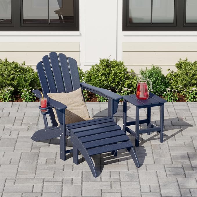 Costaelm Lakeview 3-Piece Adirondack Chair with Cup Holder and Folding Ottoman and Table Set, Navy Blue
