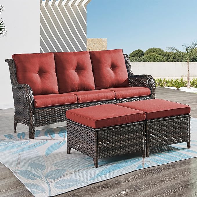 Rilyson 3 Piece Wicker Patio Furniture Set - Outdoor Rattan Patio Comversation Set with 1 Sofa and 2 Ottomans for Outside Porch Deck Garden(Brown/Red)