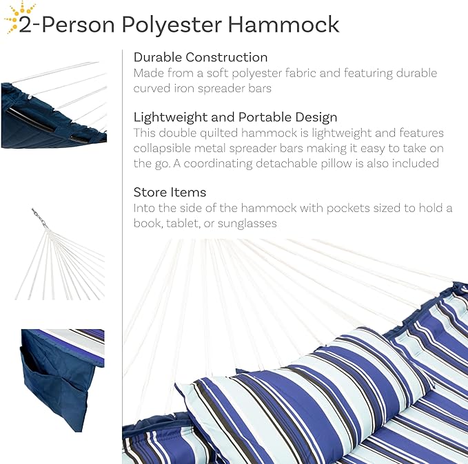 Sunnydaze Quilted Fabric Double Outdoor Hammock - 2-Person Hammock with Metal Curved Spreader Bars - Catalina Beach