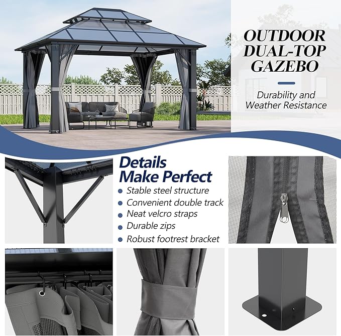 GARTOO 10x12FT Polycarbonate Hardtop Gazebo with Double Roof - Heavy-Duty Steel Frame Gazebo with Breathable Netting & Privacy Curtain for Patio, Porch, Garden, Lawn, Deck, Backyard