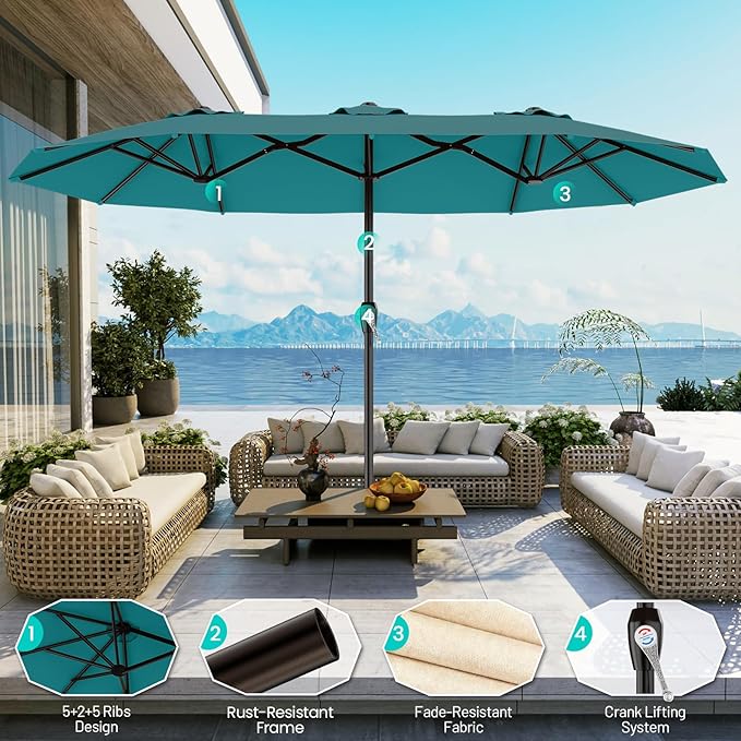 AreShark 15FT Outdoor Patio Umbrella with Crank, Large Rectangular Market Umbrella, Double-Sided Outdoor Umbrellas with Cross Base & Sandbag for Porch, Lawn, Pool, Backyard, Lake Blue