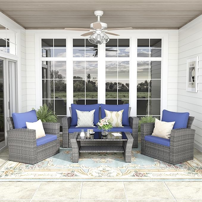 4-Piece Outdoor Patio Furniture Set, All Weather Wicker Rattan Sectional Sofa Conversation Seating Set with Cushions & Large Glass Coffee Table, Ideal for Garden Backyard Porch, Blue