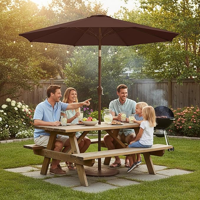 9ft Patio Umbrella with Push Button Tilt and Crank,Outdoor Market Table Umbrella UV Protection 8 Sturdy Ribs for Backyard,Garden,Pool,Deck(Brown)