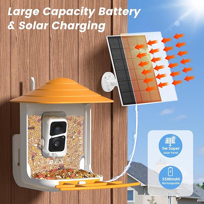 FOVAL Bird Feeder with Camera, Smart Feeder Camera with AI Identify Bird Species, Auto Capture Videos & AI Motion Detection, 5W Solar Panel, Ideal Gift for Present