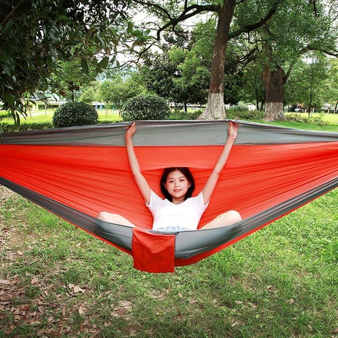 Portable Camping Travel Single Hammock, Lightweight Hanging Bed with Tree Straps and Metal Buckles, Durable Nylon Hammock for Outdoor Backpacking Hiking Beach (with Tree Gray and Orange)