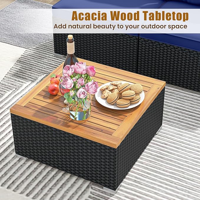 5 Pieces Patio Furniture Set, Outdoor Sectional Sofa with Acacia Wood Coffee Table & Cushions, Wicker Patio Conversation Set for Porch, Deck, Balcony, Poolside & Backyard (Navy Blue)