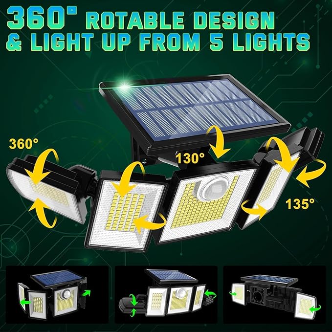 MDCMDCM Solar Lights Outdoor Waterproof Motion Sensor - 416 LEDs 3000 Lumens Super Bright 3 Brightness 3 Modes 2400mAh 360° Illumination 32ft Solar Flood Security Light for Outside (with Stakes, 4)