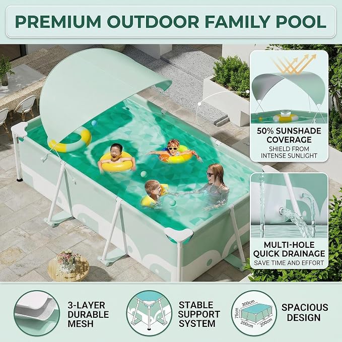 3.0m Rectangular Swimming Pool with Metal Steel Frame, Simple Family Backyard Swimming Pool, Garden, Adult Lawn, no Need for Inflatable Assembly, Convenient Storage (3.0-Meter Swimming Pool)