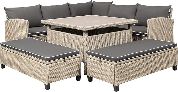 LUMISOL 6 Pieces Outdoor Patio Furniture Set, PE Rattan Wicker Sofa Set, Outdoor Sectional Sofa Set, Wicker Patio Conversation Set with Table and Benches for Lawn, Garden, Backyard (Brown)