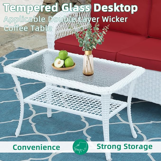VIVIJASON 2-Piece Patio White Wicker Loveseat Glider Set Cushioned, Outdoor Conversation Furniture Sets with 2-Seater Glider Rocking Bench, Coffee Table and Cushions for Porch Garden Poolside, Red