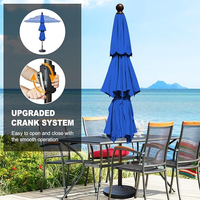 Eurmax USA 10-Year-Non-Fading 10FT 3-Tier Outdoor Patio Market Umbrella,UPF50+ UV Resistant,Heavy Duty Commercial Grade,Crank Lift Design,Windproof Vented Top for Garden,Pool,Deck,Pacific Blue