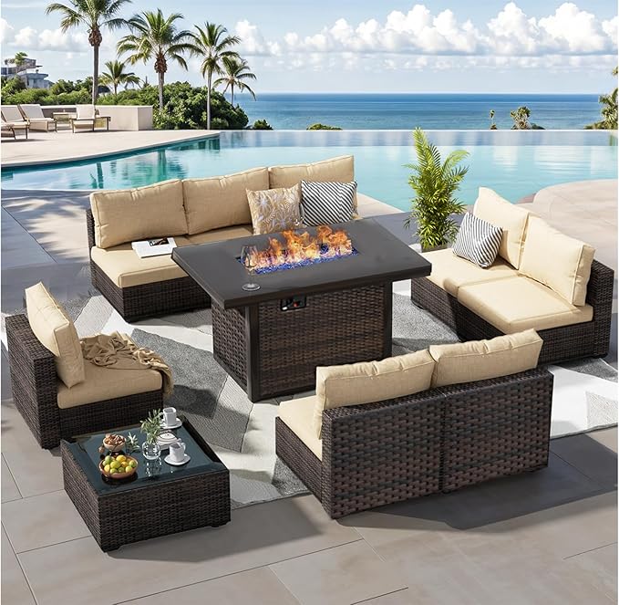 Patio Furniture Set with Fire Pit Table 10 Piece All Weather PE Rattan Outdoor Sectional Sofa Couch with 8 x armless sofa, No-Slip Cushions and Glass Top Table for Garden, Poolside, Backyard (Beige)