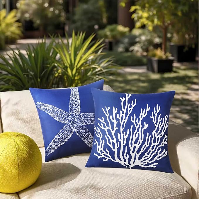 Adabana Spring Summer Outdoor Waterproof Coastal Pillow Covers 18x18 Inch Set of 2 Nautical Starfish Coral Throw Pillow Covers Sunmmer Farmhouse Decorations for Beach Patio Sofa, Navy Blue