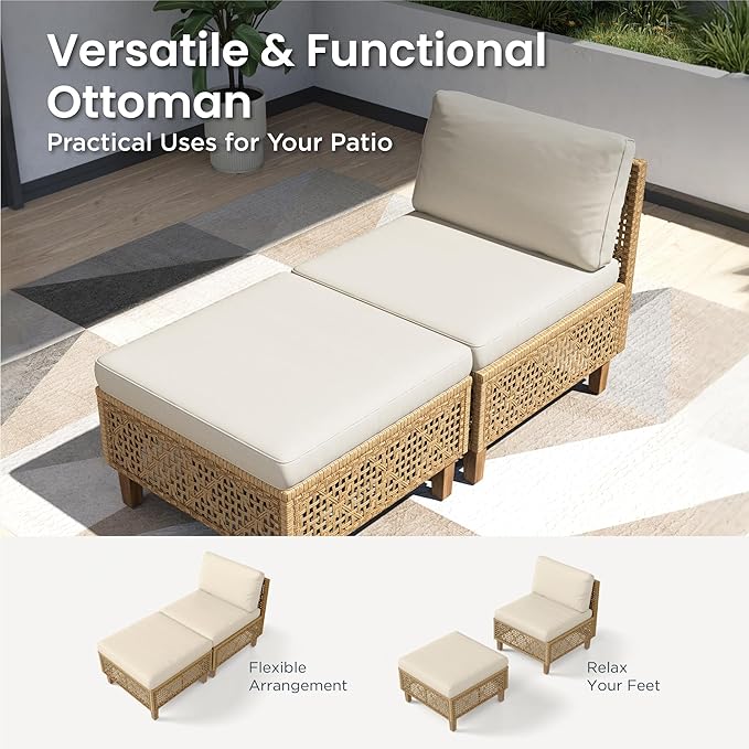 PHI VILLA 6 Seats Outdoor Sectional Sofa with Cushions and Acacia Wood Coffee Table, Patio Conversation Set for Garden, Backyard or Balcony, Beige