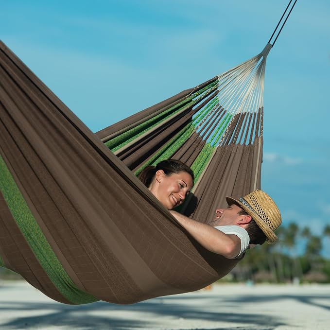 LA SIESTA Flora Classic Hammock & Nautico Stand, Cotton Hammock, Family Hammock, Indoor/Outdoor Hammock, Hammock with Stand, Steel Stand, Max 440 Lbs, King, Chocolate